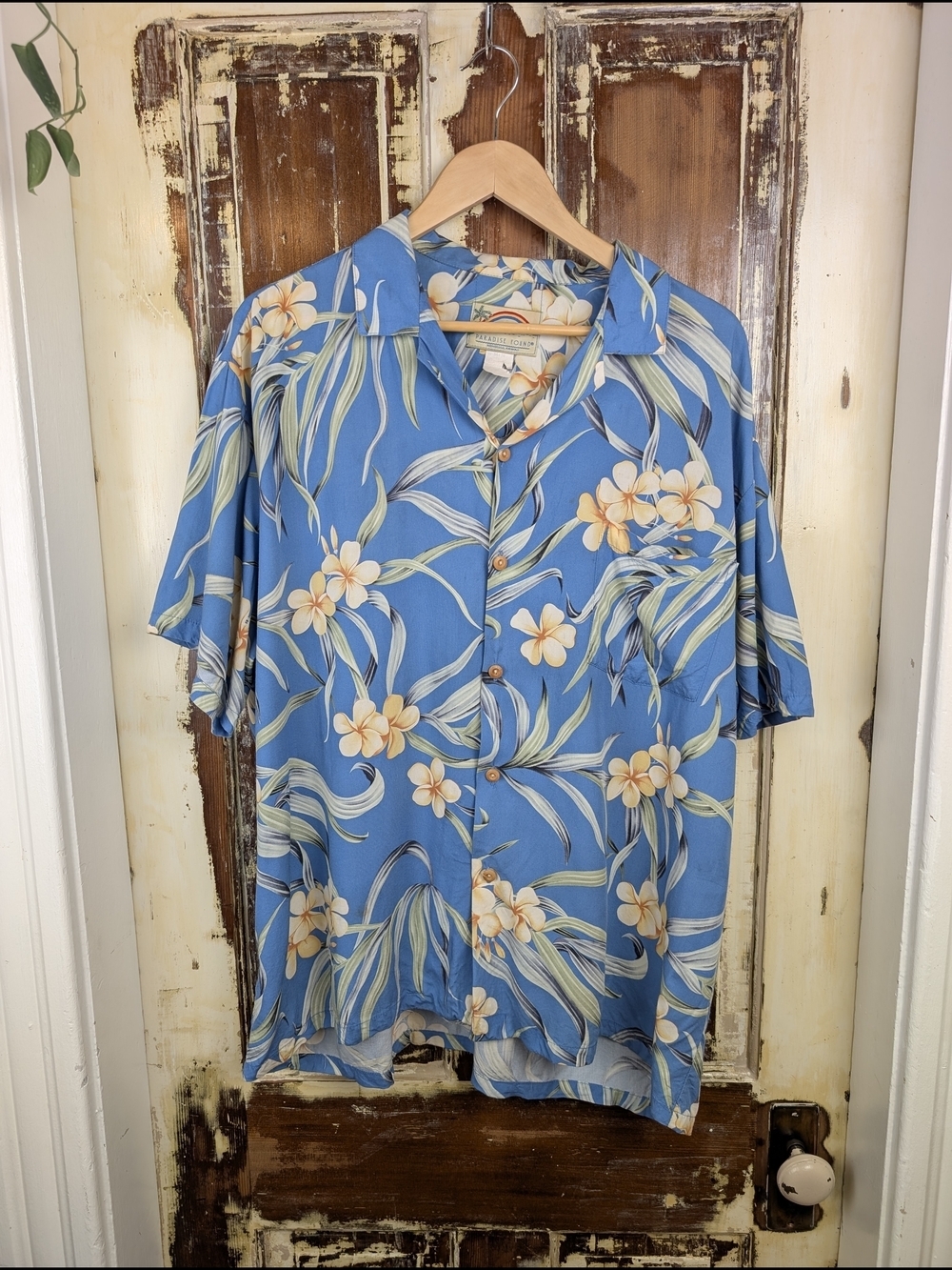 Vintage 90s/Y2K Paradise Found Hawaiian Shirt Men’s XXL Blue Plumeria Tropical